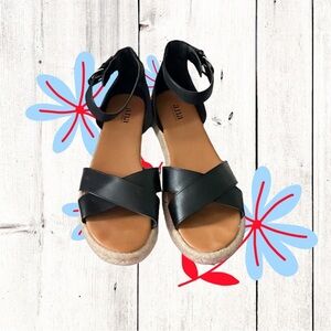 A.N.A. Broome Black Strap Ankle Flat Sandals w Twisted Rope Outsoles Women Sz 9